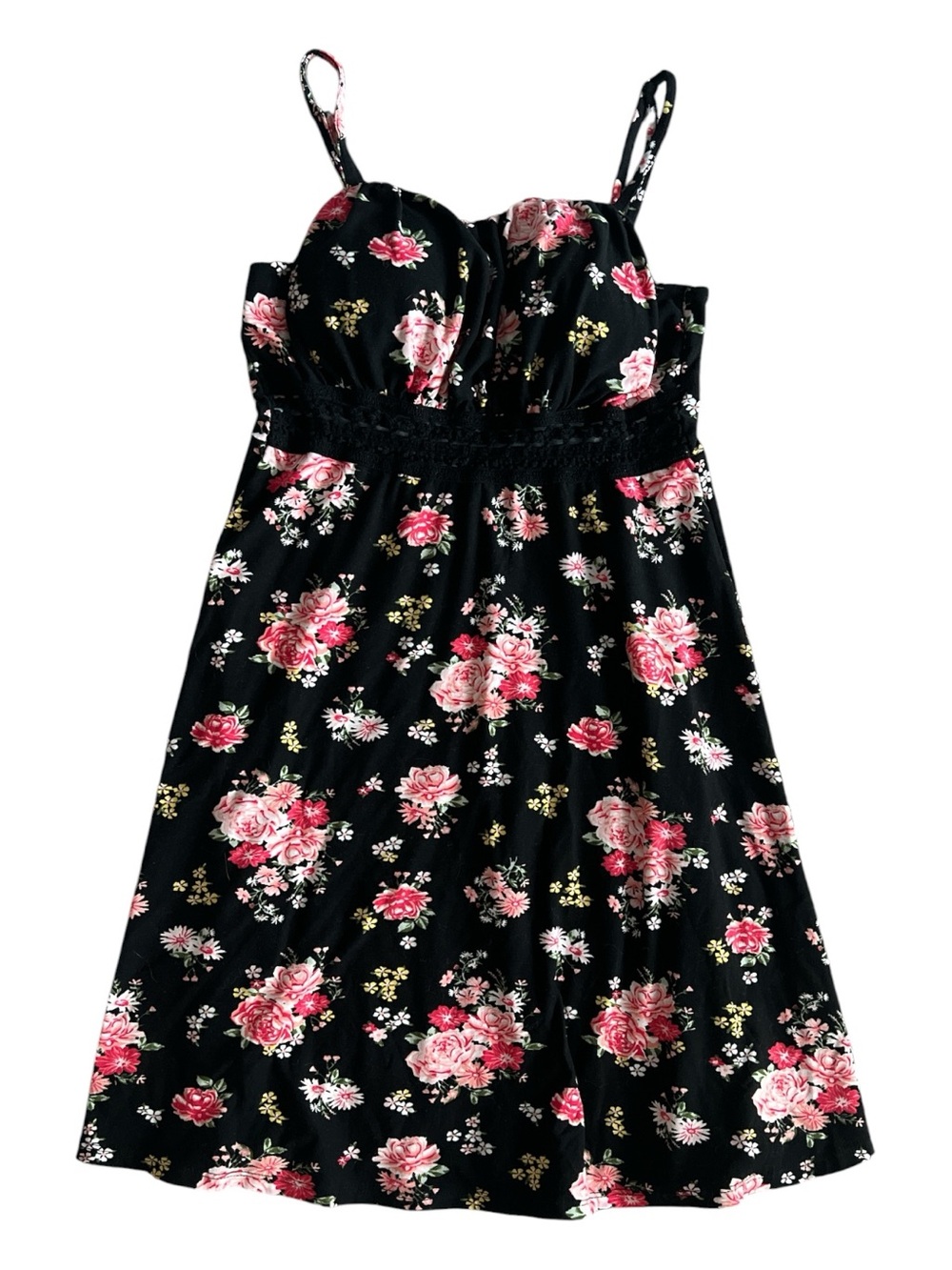 No Boundaries Black Floral Mini Dress with Pink Rose Print Size Small